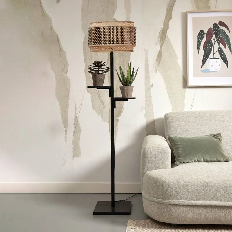 Bhutan vloerlamp met legplank, zwart by GOOD&MOJO in Black, Natural – product photo 1 of 5