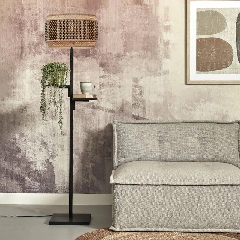 Bhutan vloerlamp met legplank, zwart by GOOD&MOJO in Black, Natural – product photo 2 of 5