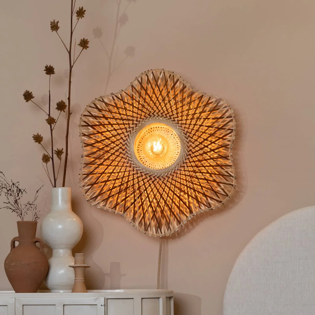 wandlamp Madura, Ø 60 cm, naturel/bruin, stekker von Good&Mojo in Licht hout, Braun – Produktfoto