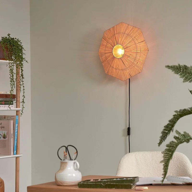 wandlamp Panama, naturel, Ø 45 cm, stekker van GOOD&MOJO in Naturel, Zwart – productfoto 3 van 5