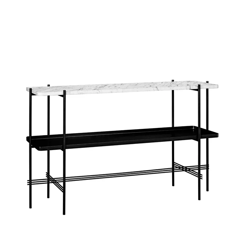 TS Console Beistelltisch 120x30x72 cm White carrara marble, Schwarzes Gestell, mit Tablett från GUBI – produktbild