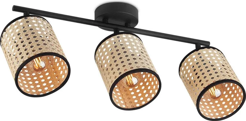 Landelijke LED Opbouwspot Rotan - 48/10/22cm - 3 lichts plafondspot - Dimbaar - inclusief LED lichtbron - E14 fitting van Home Sweet Home in Zwart – productfoto