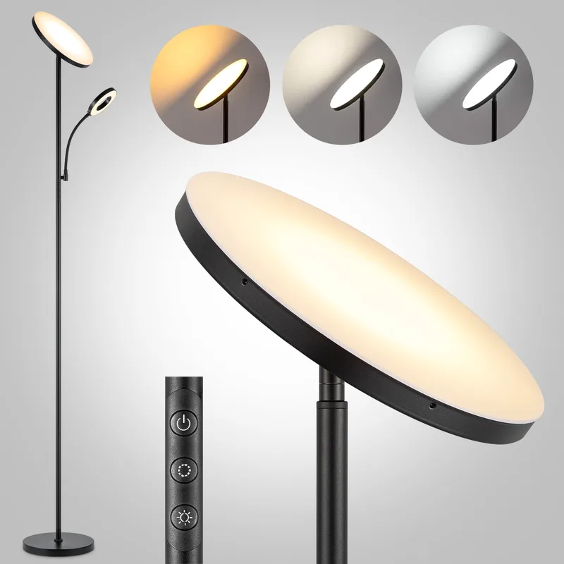 Moderne Vloerlamp - 25/25/175 cm - Metalen Staande Lamp - Met leeslamp - Geïntegreerde LED 42W 3636Lm - Dimbaar - Voor Kantoor en Slaapkamer de Home Sweet Home en Noir – photo du produit