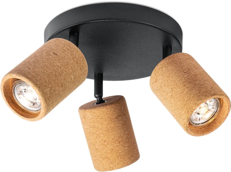 ronde plafondspot Cork 3 - kurk en zwart - 3 x GU10 - zonder lichtbronnen von Home Sweet Home in Natuurlijk – Produktfoto