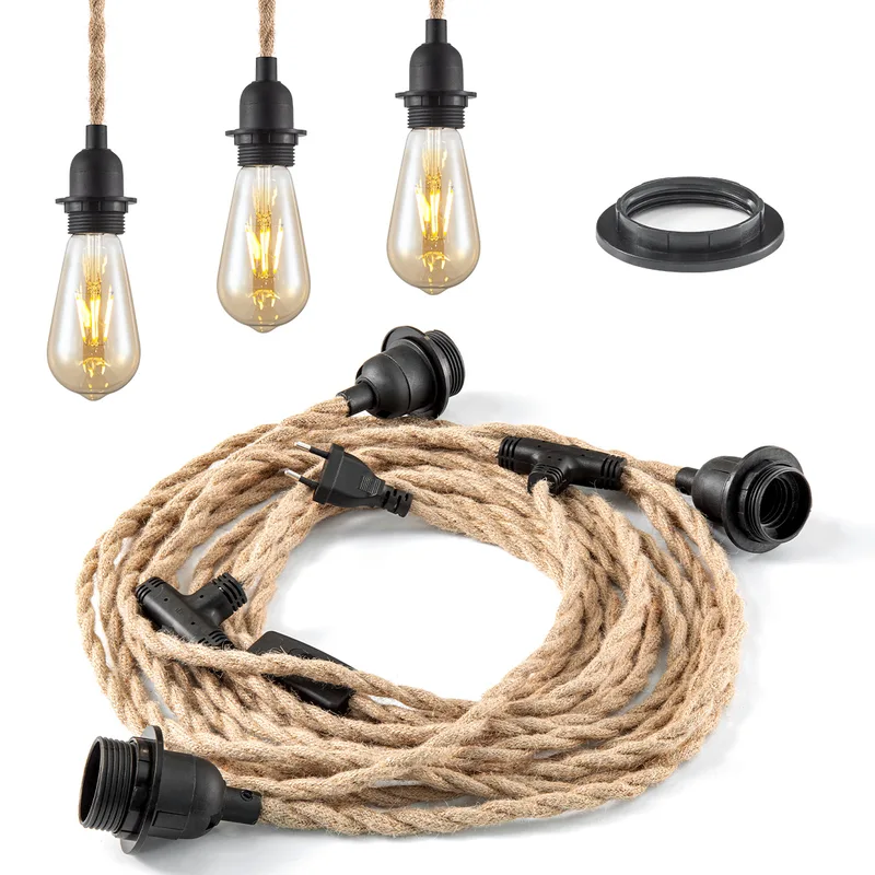 Vintage Hanglamp kit - 3-licht Linen Hanglamp met schakelaar 750 cm - Geschikt voor woonkamers en landhuizen - DIY kabel set met 3 x E27 lampfittingen - Geschikt voor lampenkappen de Home Sweet Home – photo du produit