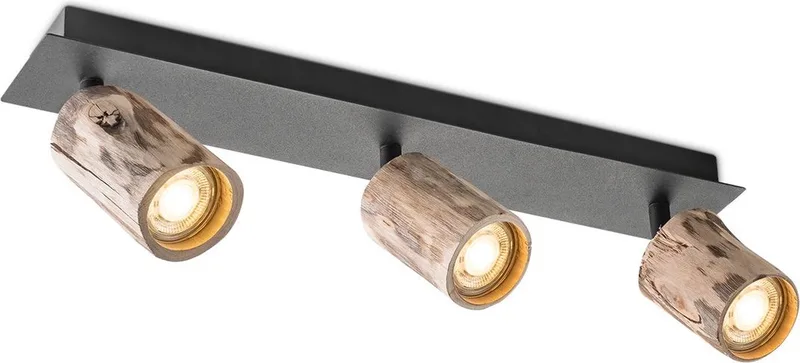 Vintage stijl Plafondspots - Natural - Metaal en Wood Spotlights - 45.5 x 10 x 14.5cm - 3 GU10 fitting - Voor woonkamer en van Home Sweet Home in Natuurlijk – productfoto