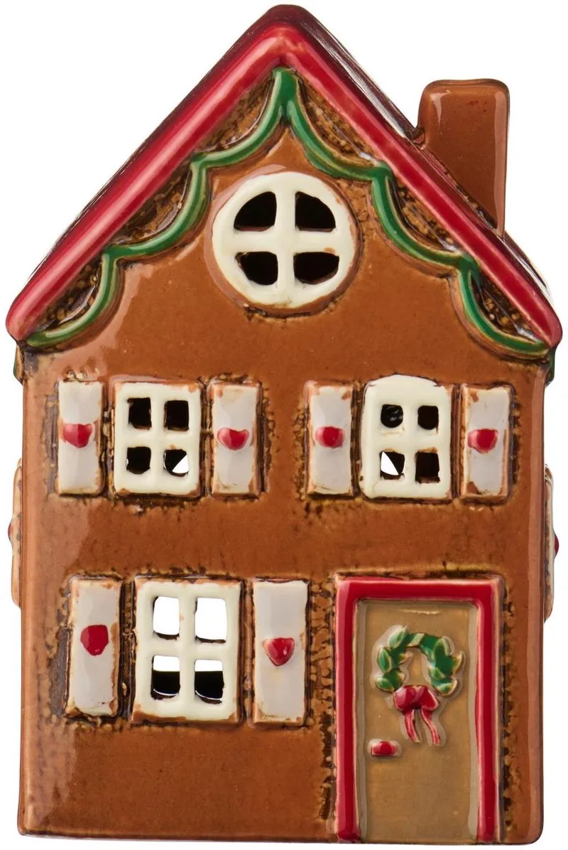 Keramieken Huisje - Kerst - met Kerstkrans - Waxinelichthouder by Ib Laursen in Bruin – product photo