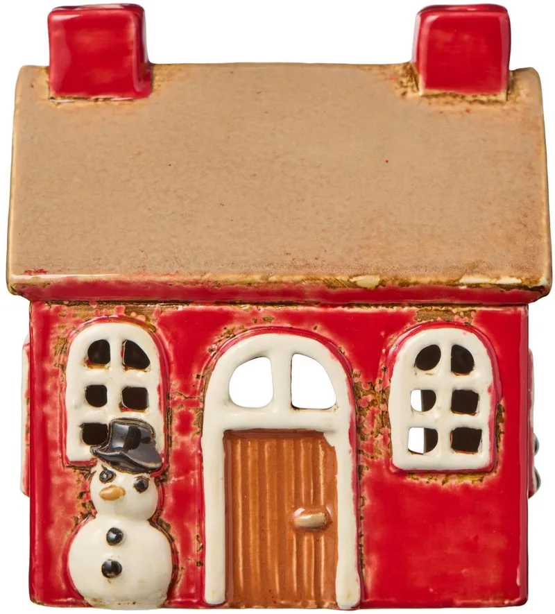 Keramieken Huisje - Kerst - met Sneeuwpop - Waxinelichthouder by Ib Laursen in Rood – product photo