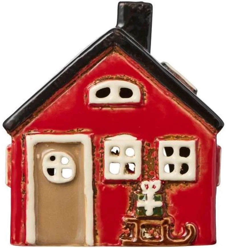 Keramieken Huisje - Kersthuisje met Slee en Cadeau - Waxinelichthouder by Ib Laursen in Rood – product photo