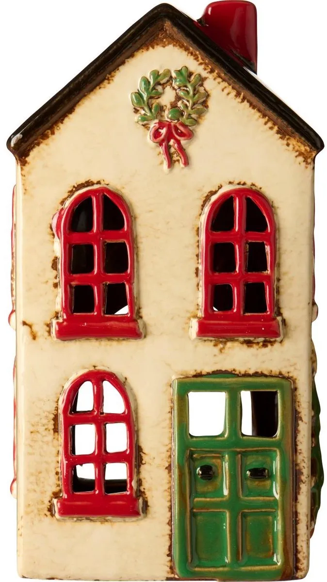 Keramieken huisje / kersthuisje - Wit met groene deur en kerstkrans - waxinelichthouder by Ib Laursen in Creme – product photo