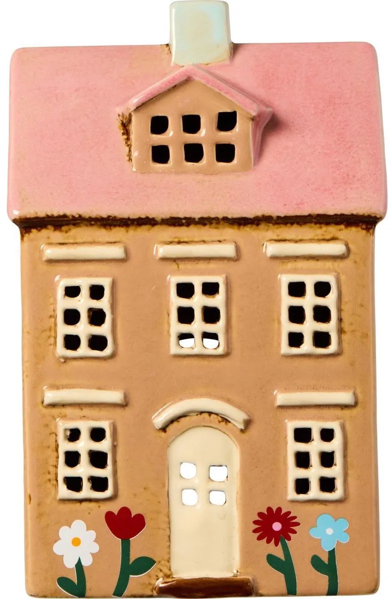 Keramieken huisje - met bloemetjes, roze dak - Waxinelichthouder by Ib Laursen in Lichtbruin – product photo