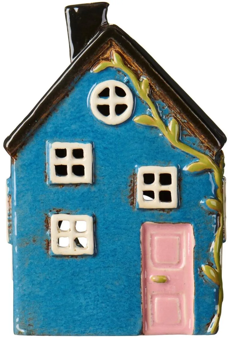 Keramieken Huisje - Nyhavn - met roze deur- Waxinelichthouder van Ib Laursen in Blauw – productfoto