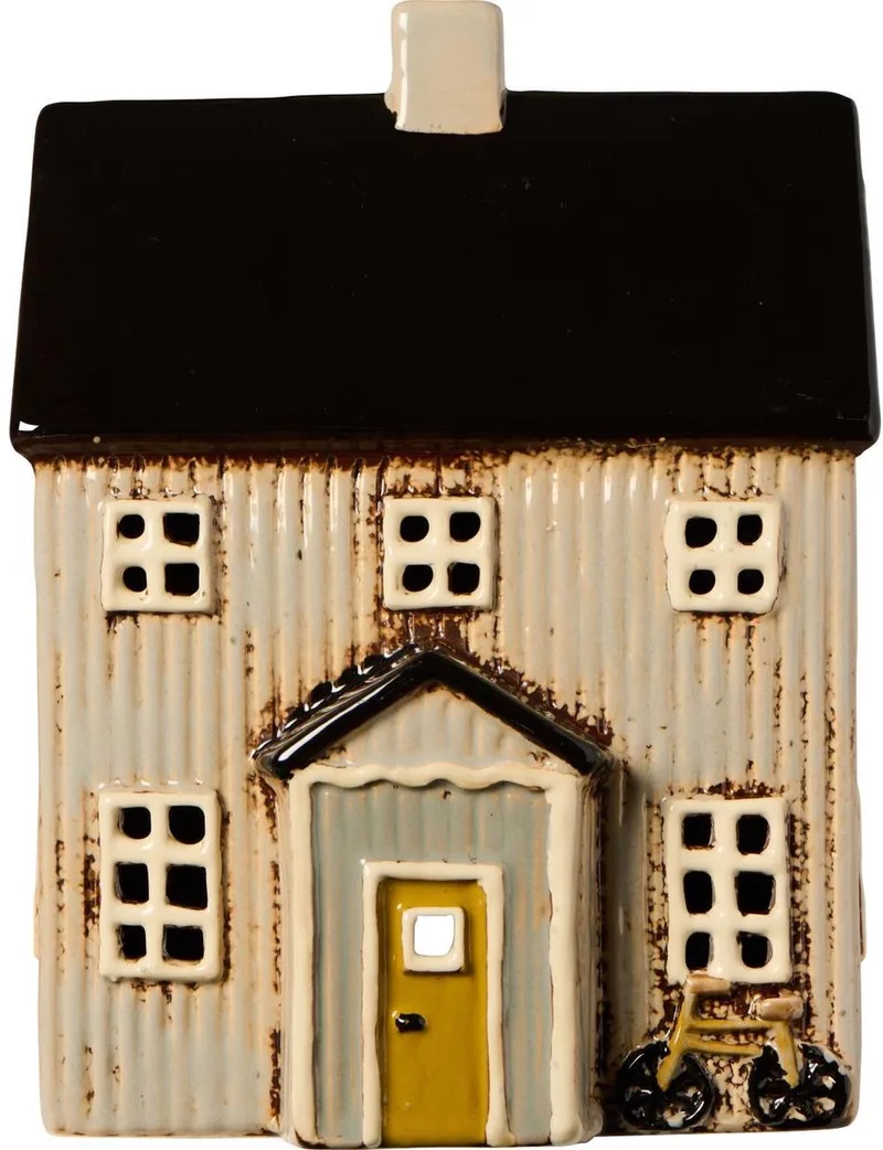 Keramieken Huisje - Visby - chalet met zwart dak en fiets - Waxinelichthouder van Ib Laursen in Beige – productfoto