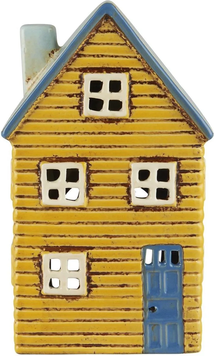 Keramieken huisje - Waxinelichthouder - Thorshavn - blauwe deur van Ib Laursen in Geel – productfoto