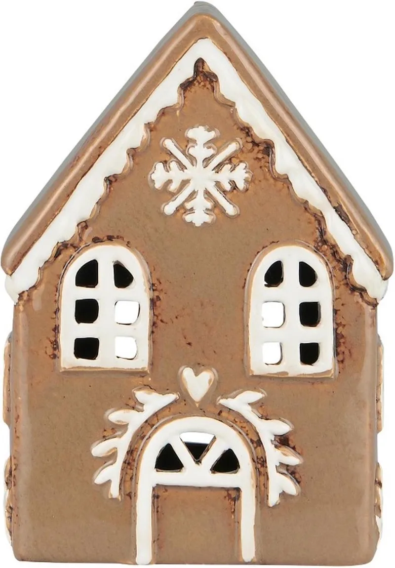 Kersthuis 'Gingerbread stijl met sneeuwvlok' Theelichthouder 14x11.5x8cm by Ib Laursen in Bruin – product photo