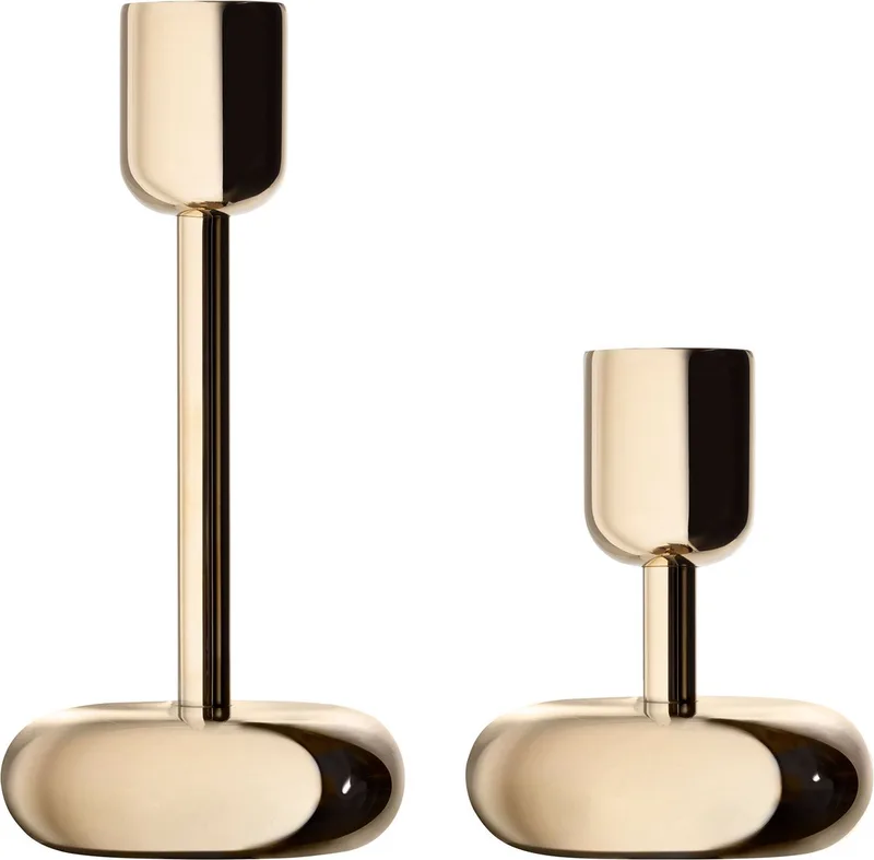 Nappula Kandelaar set goud– Kaarsenhouder 107 mm & 183 mm – Housewarming cadeau von Iittala in Messing – Produktfoto