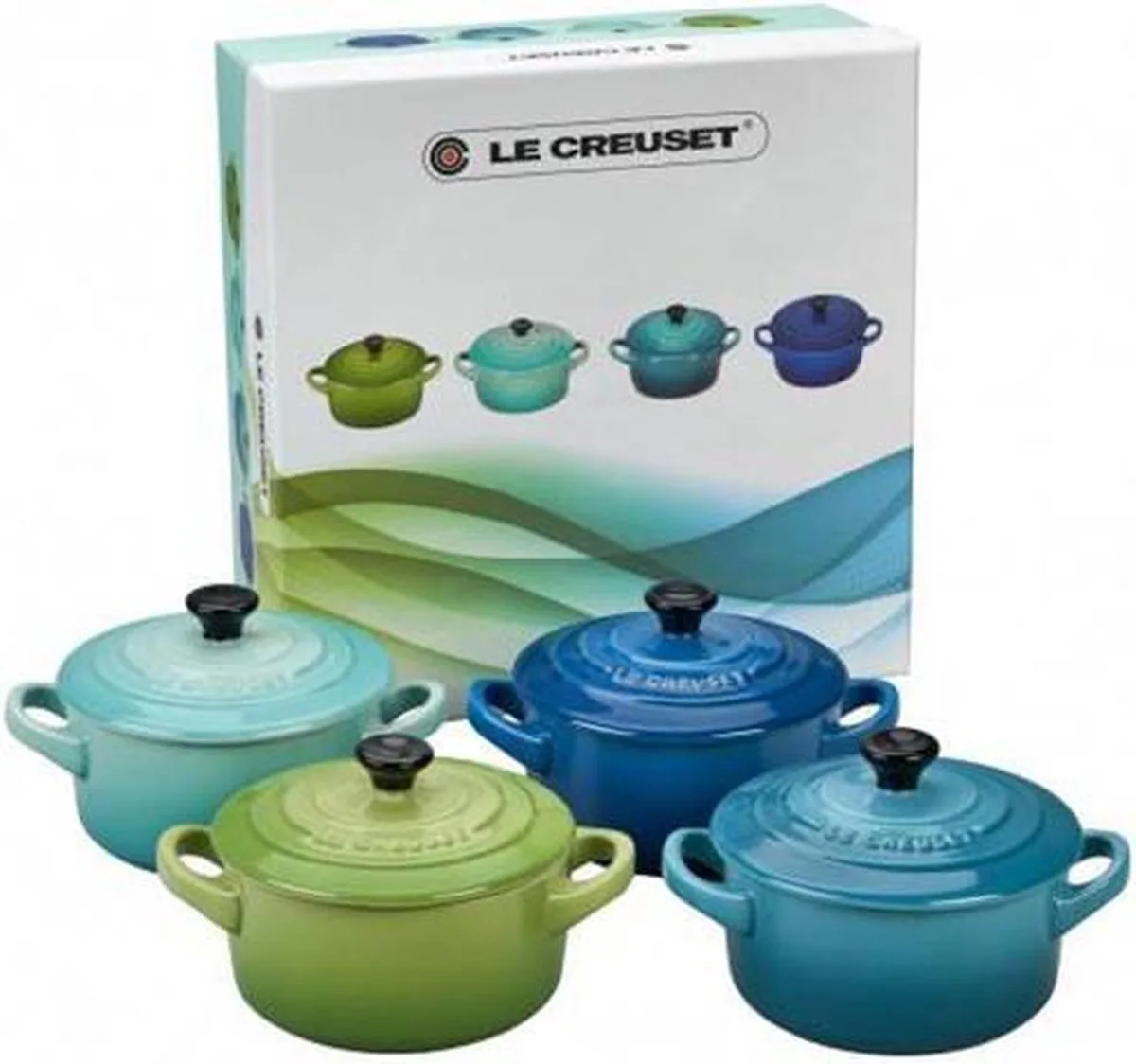 Aardewerken Mini Pannetjes 10 Cm - Set Van 4 Stuks - Zeetinten fra Le Creuset i Palm, Cool mint, Caribbean blue en marseilleblauw – produktbillede
