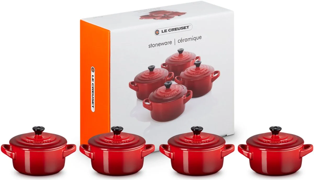 Aardewerken mini pannetjes set van 4 stuks von Le Creuset in Kersenrood – Produktfoto