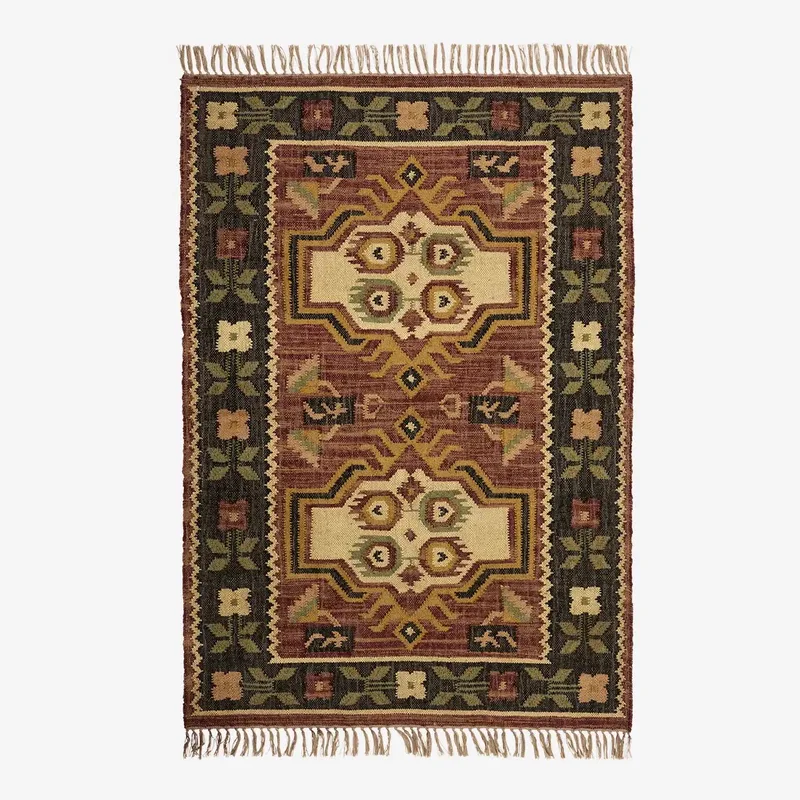 handgeweven jute vloerkleed – 120 x 180 cm – kelim patroon van Madam Stoltz in Zwart – productfoto