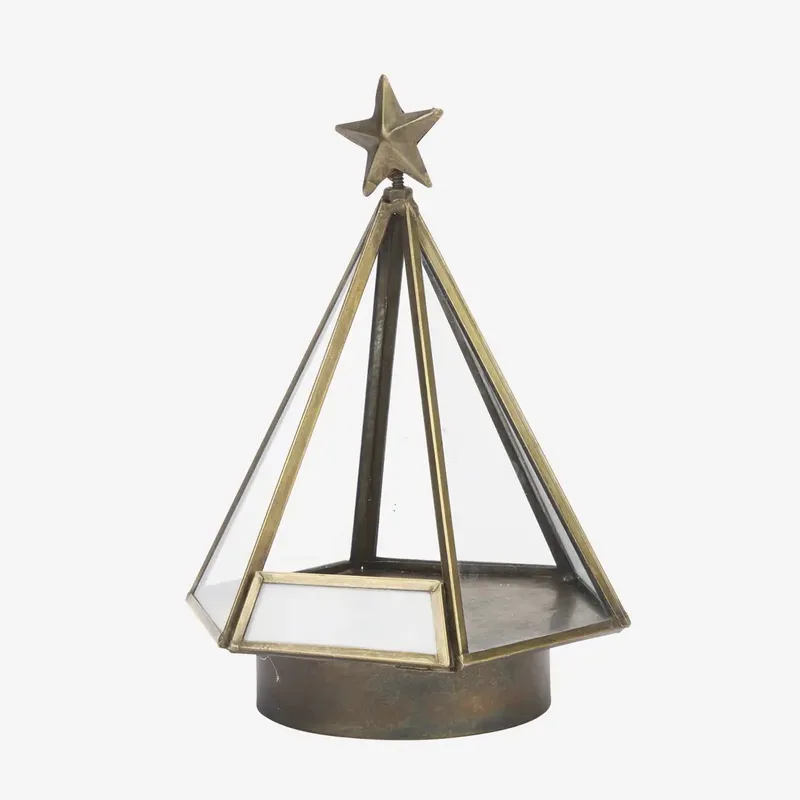 kerst waxinelichthouder – glazen kerstboom – antique brass – 19 cm van Madam Stoltz in Messing – productfoto