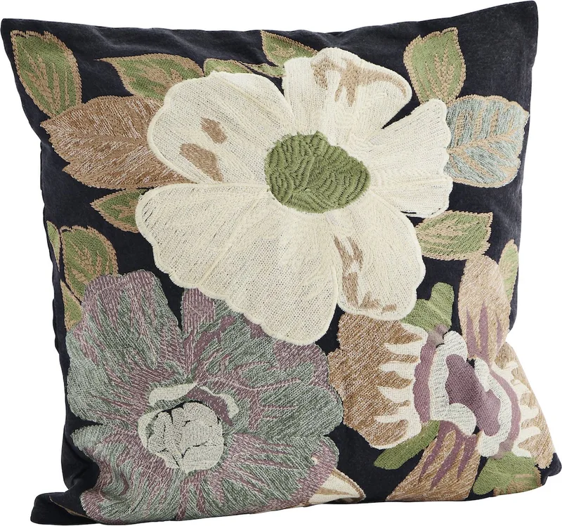 Kussenhoes Bloemen geborduurd katoen 50x50cm van Madam Stoltz in Zwart – productfoto