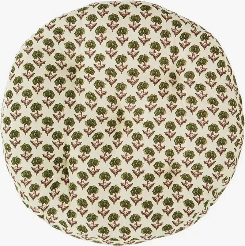 Rond zitkussen - Gebroken met groene bloemetjes - 45cm van Madam Stoltz in Wit – productfoto