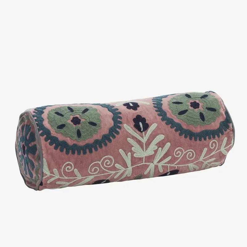 Suzani Fluwelen Rol Kussen – Dusty Rose – 20 x 55 cm by Madam Stoltz in Pink – product photo