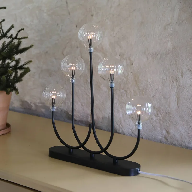 Kandelaar Enys, zwart/transparant, ijzer/glas, 5-lamps, E5 by Markslöjd in Black, Helder – product photo