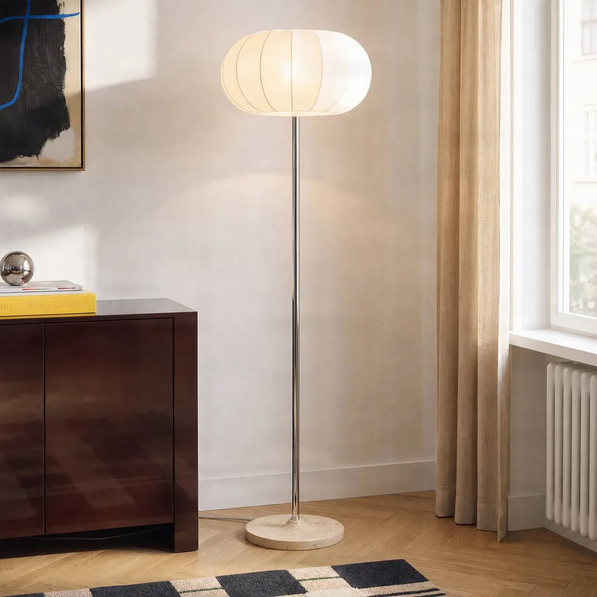 vloerlamp Elovie, naturel/chroom, stof/travertijn, 160 cm de NOLA en Beige, Blanc, Chrome – photo du produit