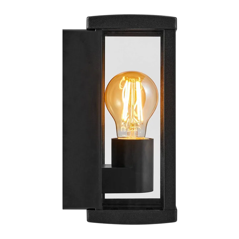 Buitenwandlamp Luchy, lantaarn, zwart, metaal, E27 von Nordlux in Zwart, helder – Produktfoto