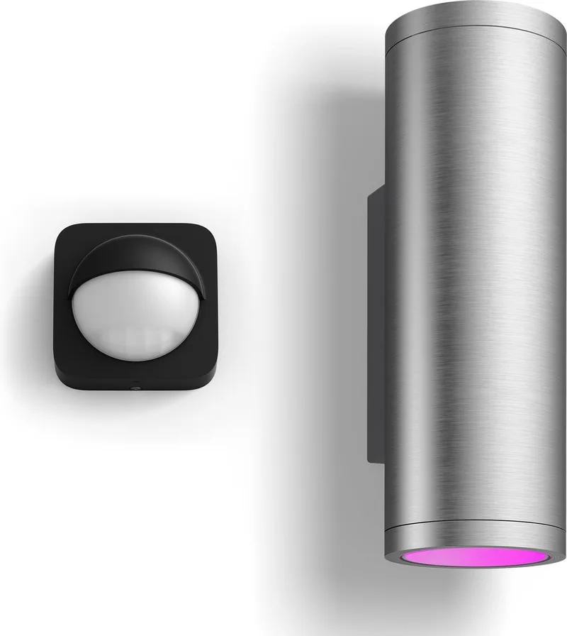 Appear Wandlamp voor Buiten Up en Down (Roestvrij Staal) - Buitenlamp met Bewegingssensor - Wit en Gekleurd Licht - Incl. 1 Hue Bewegingssensor voor Buiten - Hue White and Color Ambiance från Philips Hue i Silver – produktbild