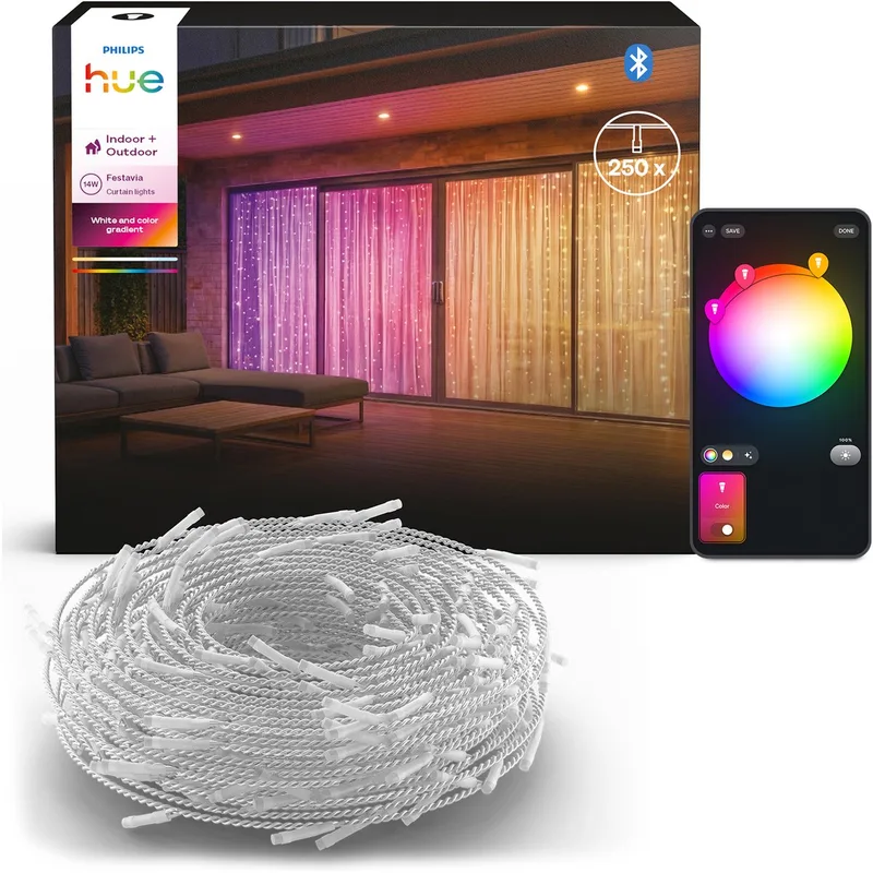 Festavia LED Lichtgordijn, 1.35 x 2m, aanpasbaar wit en gekleurd licht, voor binnen en buiten , slimme verlichting by Philips Hue – product photo