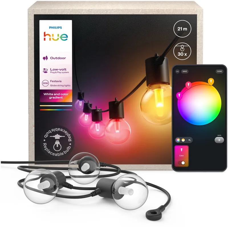 Festavia outdoor lichtsnoer met globe-lampen – 21 meter – 30 lampen från Philips Hue – produktbild