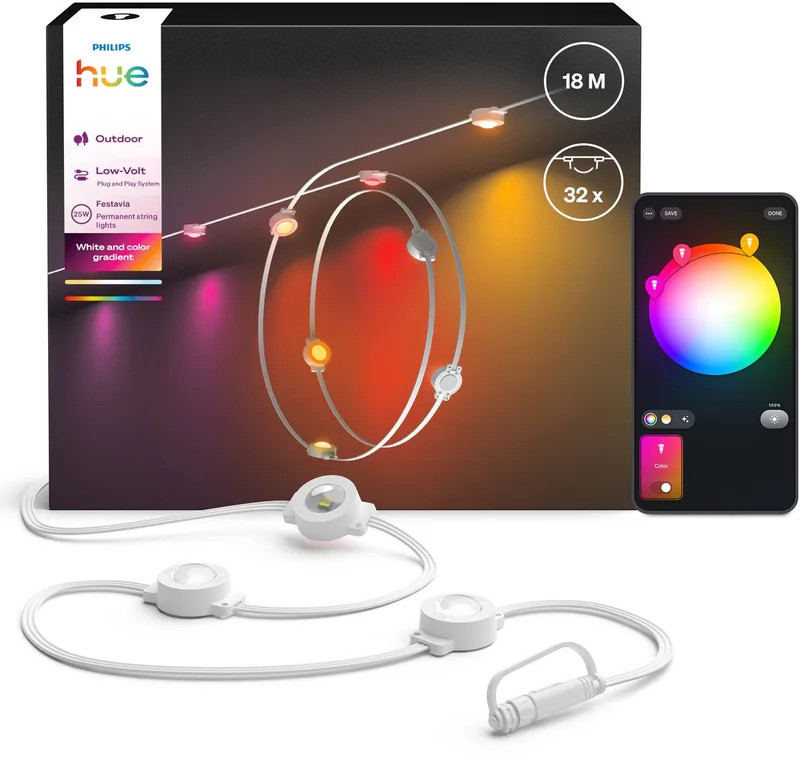 Festavia permanent - Witte snoer 18 m met 32 lampen - Wit en gekleurd licht met kleurverloop - Tot 50 lumen per lamp van Philips Hue – productfoto