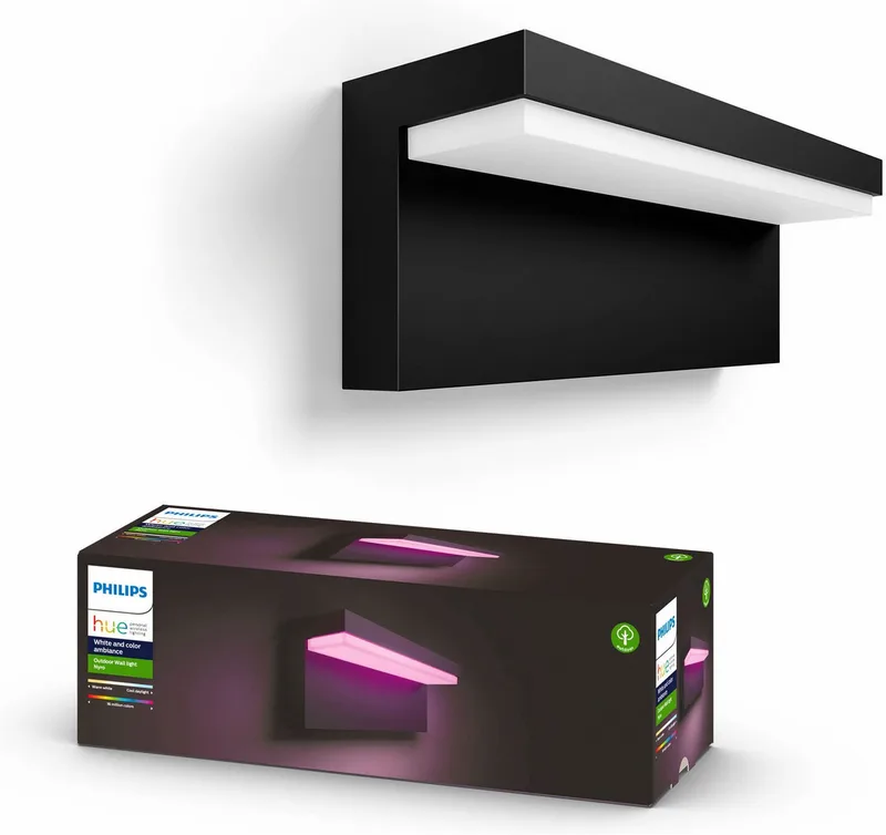 LED Außen-Wandleuchte Outdoor White & Color Ambiance Nyro, Abschaltautomatik, Bluetooth, CCT - über Fernbedienung, Dimmfunktion, Einschlafhilfe, Farbsteuerung, Farbwechsel, Memory, nach Trennung vom Netz, Nachtlichtfunktion, RGB, Smart Home, Timerfunktion, Weckerfunktion, dimmbar über Fe de Philips Hue en Noir – photo du produit 1 sur 5