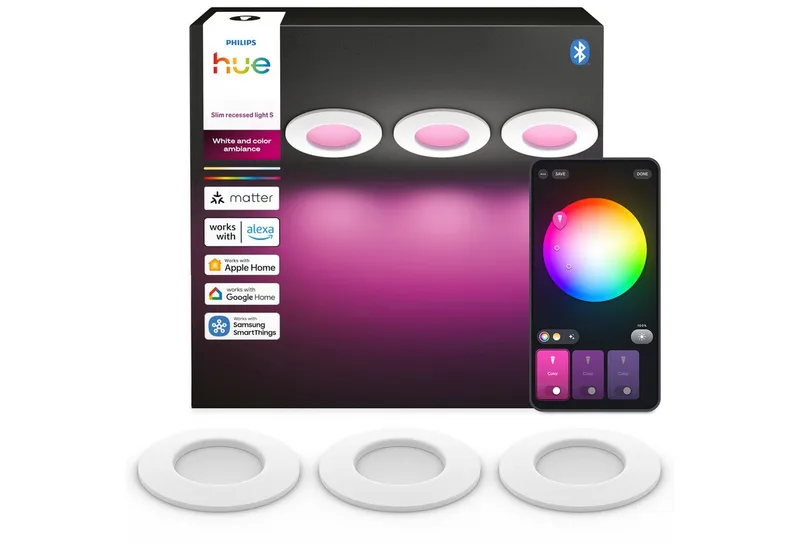 LED Deckenspot Slim Downlight Einbauleuchte, Abschaltautomatik, Bluetooth, CCT - über Fernbedienung, Dimmer, Dimmfunktion, Farbsteuerung, Farbwechsel, Leuchtdauer einstellbar, Memoryfunktion, Nachtlichtfunktion, RGB, Smart Home, Timerfunktion, Weckerfunktion, dimmbar über Fernbedienung fra Philips Hue i Hvid – produktbillede 1 af 5