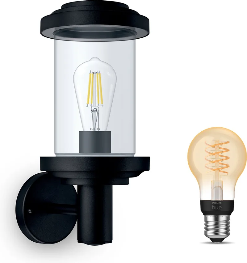 Listra Wandlamp voor Buiten Opwaarts - Buitenlamp - E27 - Warmwit Licht - Hue White Filament van Philips Hue in Zwart – productfoto