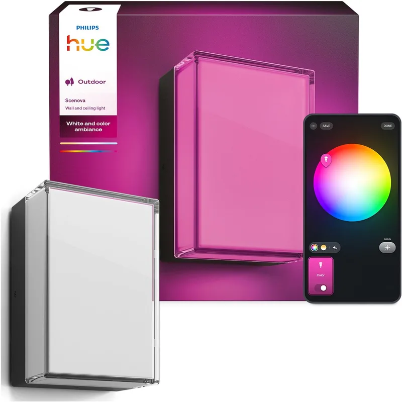 Scenova muur- en plafondlamp - tuinlamp - aanpasbaar wit en gekleurd licht -- rechthoek - IP44: weer- en windbestendig - slimme verlichting van Philips Hue in Zwart – productfoto