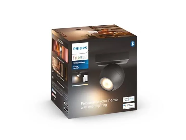 White Ambiance\, Plafonnier à 1 Spot Buckram\, 700lm\, Noir Éclairage Plafond LED\, Spot GU10\, 5.5W\, Blanc Chaud/Froid 2200-6500K\, Télécommande incluse\, Contrôle Vocal & App\, Bluetooth de Philips Hue – photo du produit