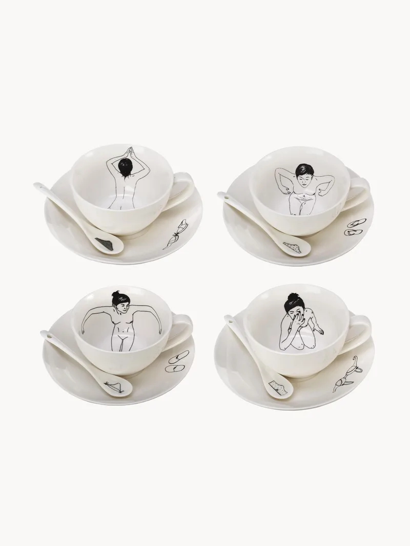 Handbeschilderde koffiekopjes Undressed met schoteltjes en lepels, 4-delig by Pols Potten – product photo