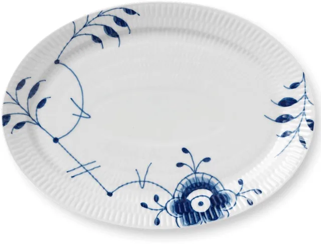 Blue Fluted Mega Oval Porseleinen Schaal in Wit en Blauw, Diameter: 28 cm, 1016912