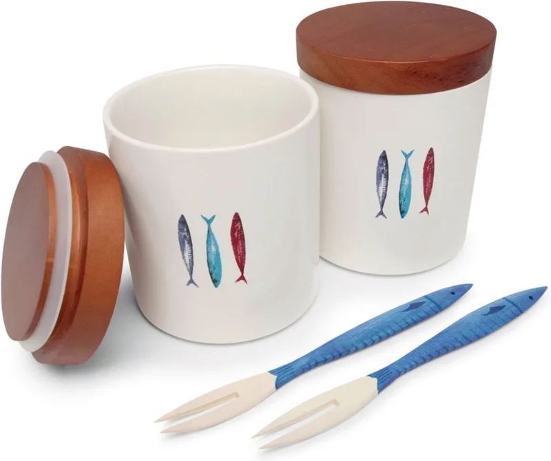 haring pot Sagaform - Zeevruchten - 2 vispotten met deksel en vorkharing by Sagaform in Mix – product photo