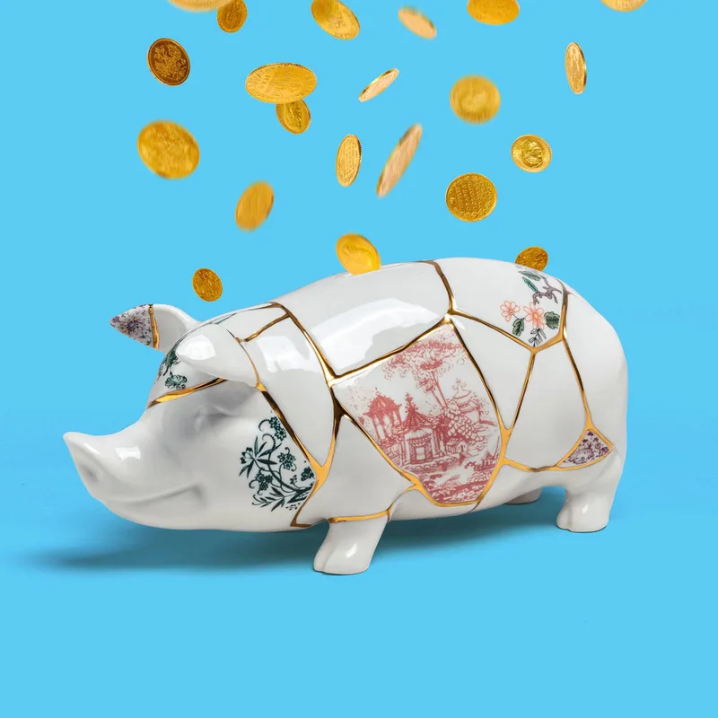 spaarvarken Kintsugi, wit / kleurrijk, porselein, goud von Seletti in Wit, goud, kleurrijk – Produktfoto