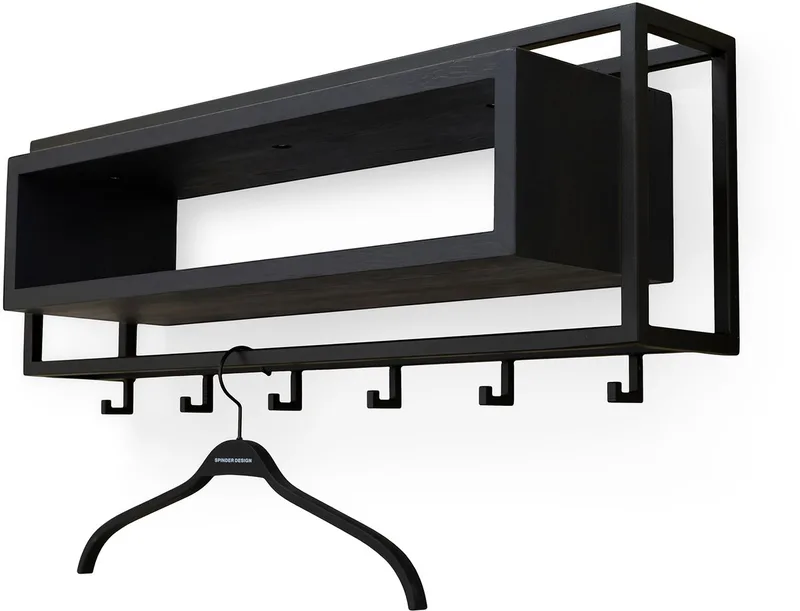 kapstok School 80 - Zwart / Eiken Zwart - 6 haken - Staal de Spinder Design en Noir – photo du produit