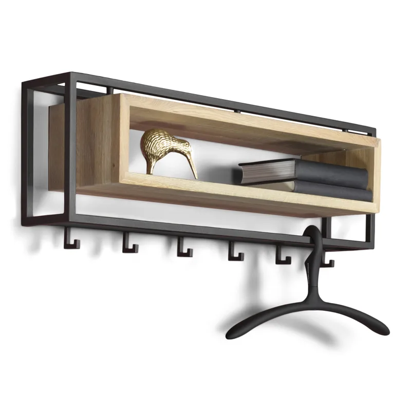Schulgarderobe mit 6 Haken und Holzregal – Eiche und schwarzer Stahl (78 x 29,5) für Kinderzimmer by Spinder Design – product photo