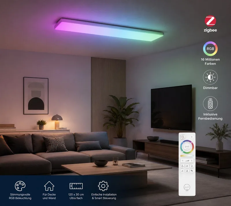 LED Deckenleuchte Deckenlampe Decken Panel RGB Decken Wandleuchte mit FB 120x30, LED Panelleuchte Farbwechsel Lampe Wohnzimmerlampe Flurleuchte by tint in White – product photo 3 of 5