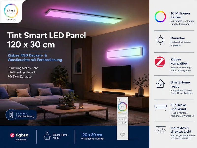 LED Deckenleuchte Deckenlampe Decken Panel RGB Decken Wandleuchte mit FB 120x30, LED Panelleuchte Farbwechsel Lampe Wohnzimmerlampe Flurleuchte by tint in White – product photo 4 of 5