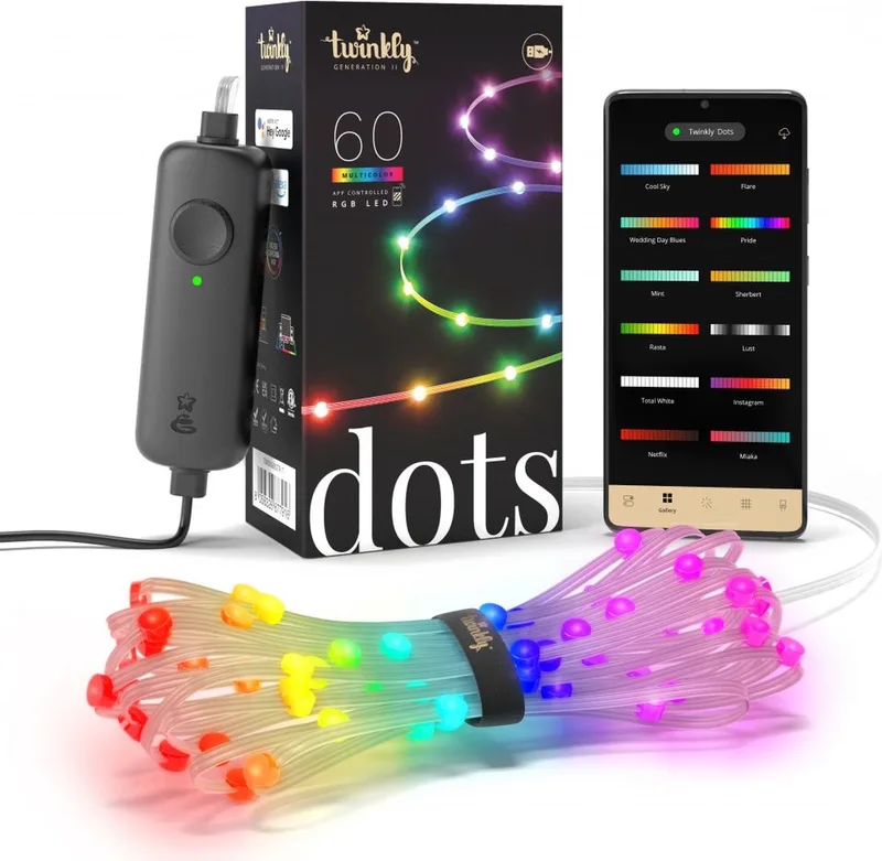 Dots – App-gestuurd flexibel LED lichtsnoer 60 RGB (16 Miljoen Kleuren) 3 meter transparant draad från Twinkly – produktbild