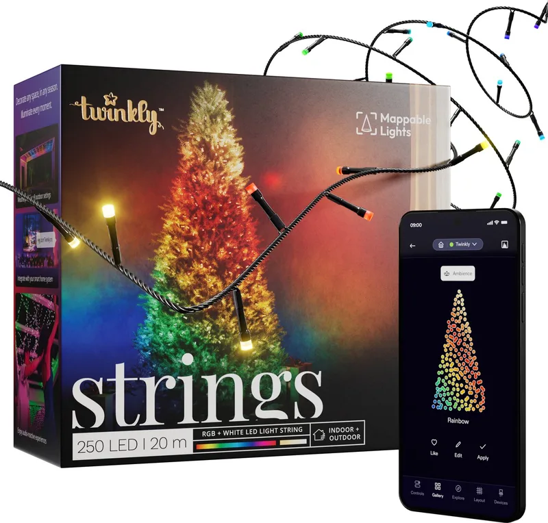 Strings Lichtsnoer - 20M - LED Verlichting - RGB & Warm Licht - Dimbaar - Binnen & Buiten - Bluetooth Wifi - Werkt met Homekit, Homey, Google Home, Razer Chroma - Zwart van Twinkly – productfoto