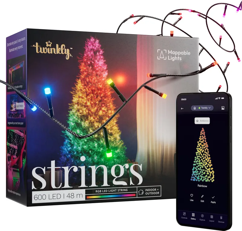 Strings Lichtsnoer - 48M - LED - 600LED RGB - Dimbaar - Binnen & Buiten - Bluetooth of Wifi - Werkt met Homekit, Homey, Google Home en Razer Chroma - Zwart van Twinkly – productfoto